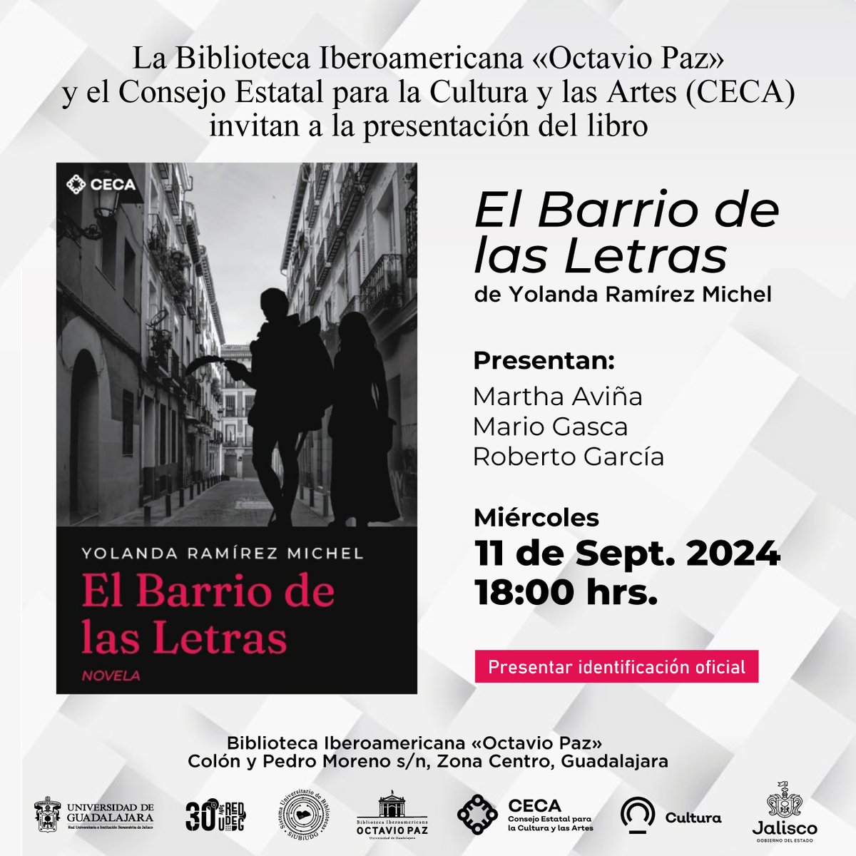 Te invitamos a la presentación del Libro "El Barrio de las Letras" de Yolanda Ramírez Miches, la cita es el próximo miércoles 11 de septiembre de 2024 a las 6 pm. en la Biblioteca Iberoamericana «Octavio Paz»,  No Faltes