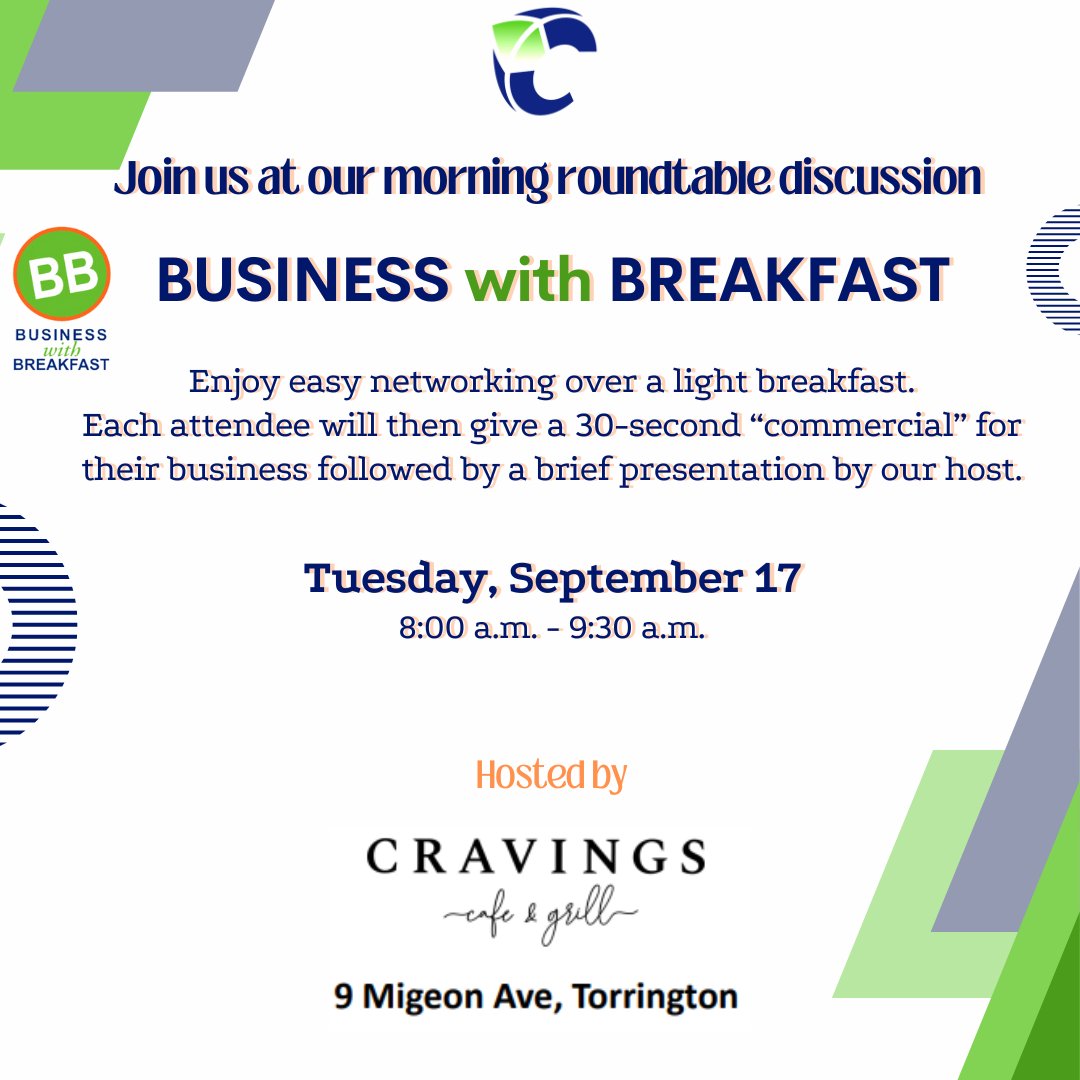 Join us for one of our chamber's best networking events. Connect with like-minded individuals and expand your knowledge. Register @https://nwctchamberofcommerce.org/events/business-with-breakfast-at-cravings-cafe-grill/