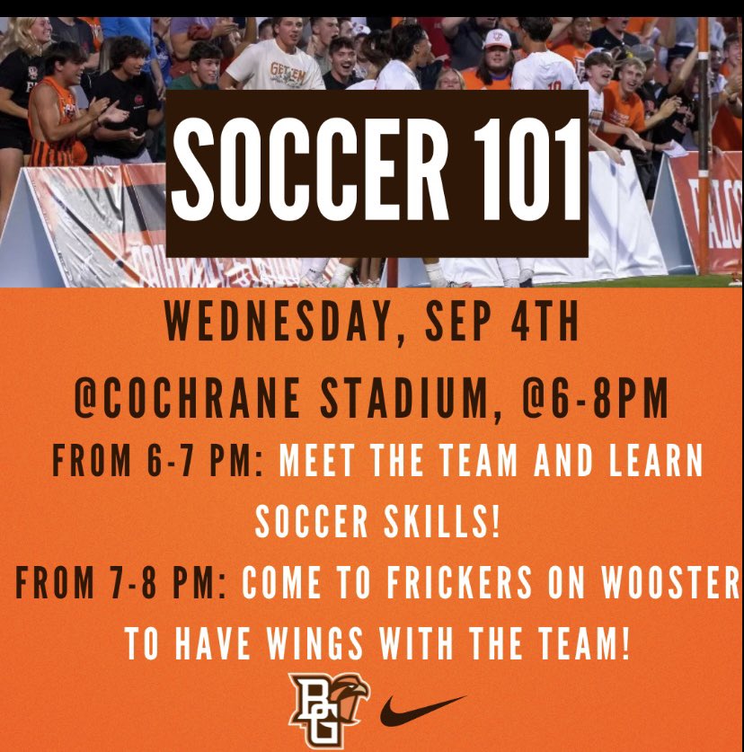 Soccer 101 is coming to Cochrane Stadium!

Students, make sure to get to the soccer stadium tomorrow to learn from <a href="/BGSUMSoccer/">BGSU Men's Soccer</a> and then chat with them <a href="/frickers/">Loi Tran</a> while devouring some wings!