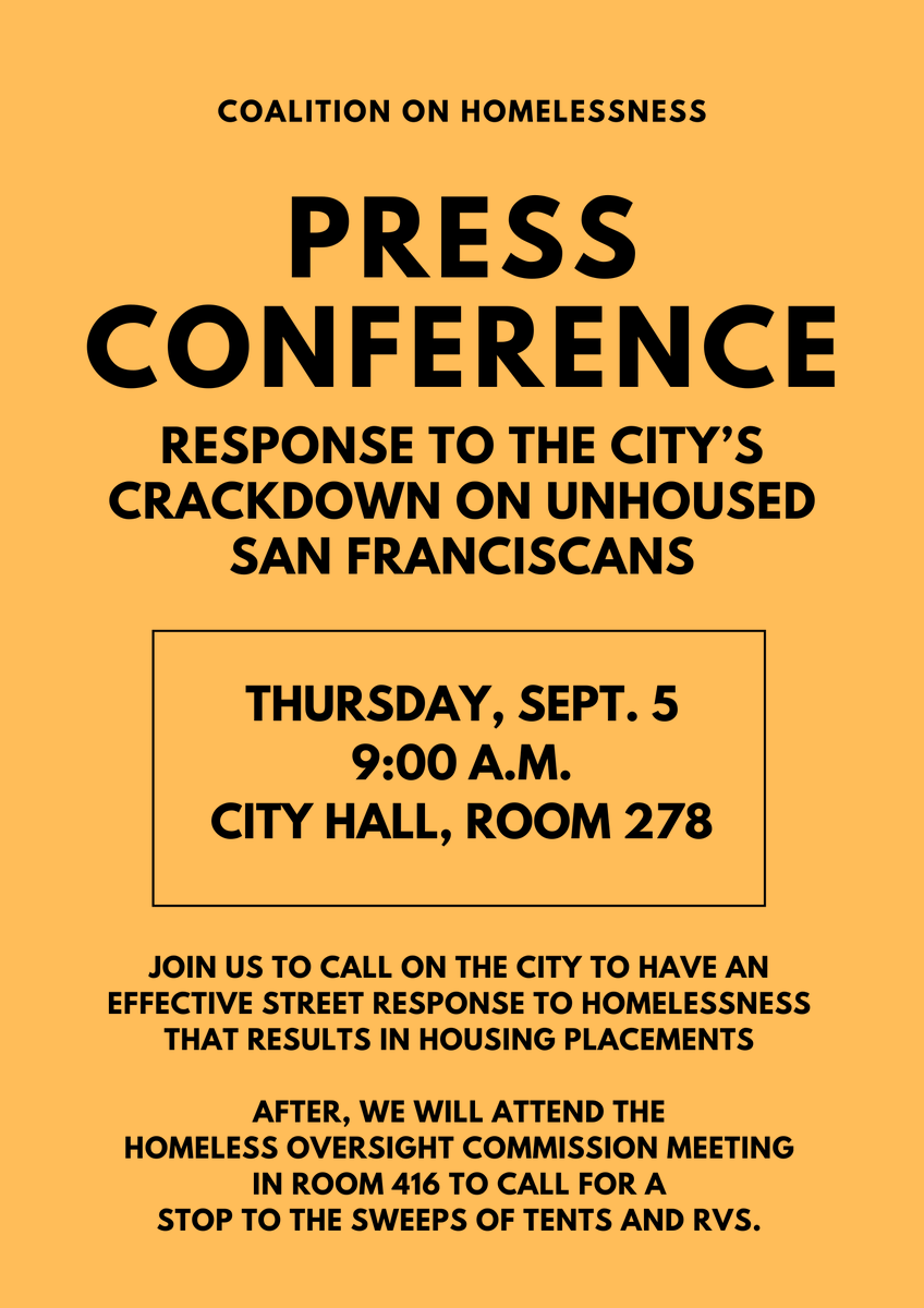 Race & Equity in all Planning Coalition (@repcoalitionsf) on Twitter photo Join <a href="/TheCoalitionSF/">Coalition on Homelessness</a> & partners in a press conference on Thurs. 9/5 at 9 am at City Hall in Room 278 in response to the City's aggressive crackdown on unhoused neighbors. Demand the City establishes an effective street response to homelessness that results in housing placements! Join <a href="/TheCoalitionSF/">Coalition on Homelessness</a> & partners in a press conference on Thurs. 9/5 at 9 am at City Hall in Room 278 in response to the City's aggressive crackdown on unhoused neighbors. Demand the City establishes an effective street response to homelessness that results in housing placements!