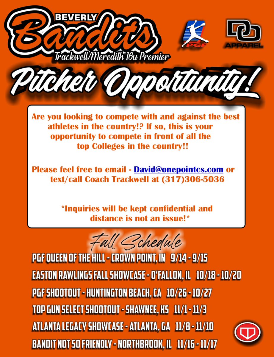 Beverly Bandits Premier Trackwell/Meredith 16U (@banditstrackmer) on Twitter photo 🚨PITCHER WANTED🚨
Reaching out to all 08 and or 09 2026/2027 class!! If you are looking to be on the right fields in front of all the top schools, this is a phenomenal opportunity - right in your recruiting window on top of that!! 
Send us a DM! 🧡🖤 🚨PITCHER WANTED🚨
Reaching out to all 08 and or 09 2026/2027 class!! If you are looking to be on the right fields in front of all the top schools, this is a phenomenal opportunity - right in your recruiting window on top of that!! 
Send us a DM! 🧡🖤