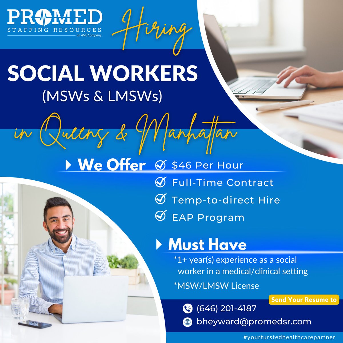 #MSWs and #LMSWs, ProMed Staffing Resources is offering full-time #contracts. Contact Bria at (212) 719-9600 Ext. 203 or send your resume to bheyward@promedsr.com

#promedsr #nycjobs #hiring #staffingagency #recruitmentagency #lmswcareer #lmswjobs #queens #manhattan