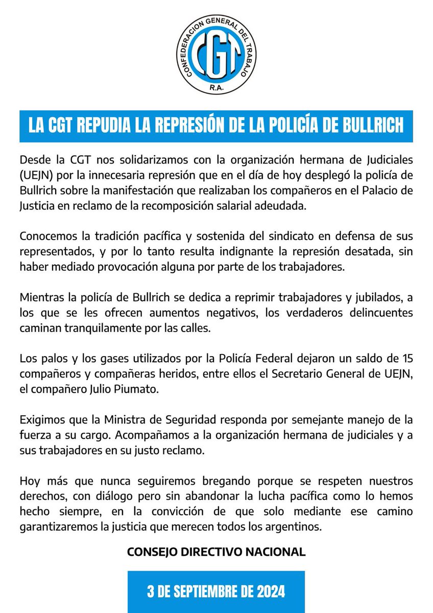 🔴 LA CGT REPUDIA LA REPRESIÓN DE LA POLICÍA DE BULLRICH

Nos solidarizamos con la organización <a href="/PrensaUEJN/">Prensa UEJN</a> por la represión sufrida en manos de efectivos policiales