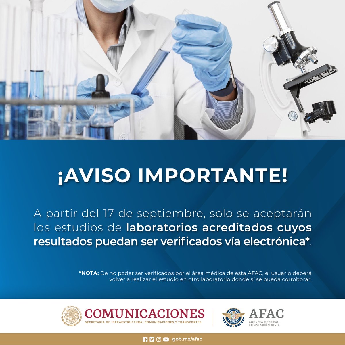 A todo el Personal Técnico Aeronáutico, se les informa que derivado de la presentación de estudios de laboratorio presuntamente apócrifos, a partir del 17 de septiembre, solo se aceptarán los estudios de los siguientes laboratorios: 

1/3