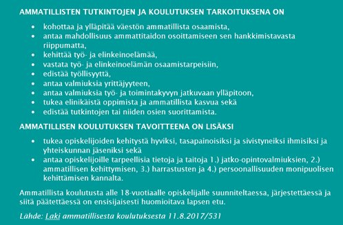 Päättäjien puheissa ja median kirjoituksissa todetaan toistuvasti, että #ammatillinenkoulutus budjetti on niin suuri verrattuna milloin mihinkin,  että siitä on kyllä varaa leikata. Miksi kukaan ei puhu, kirjoita eikä ole kiinnostunut #ammatillinenkoulutus #laki tehtävästä?