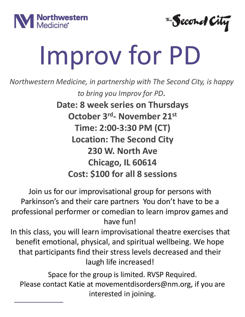 NM Parkinson's Disease & Movement Disorders (@nm_movement) on Twitter photo Last Call for registration for Improv for PD! This class is a rollicking time- full of fun and friendship at <a href="/TheSecondCity/">The Second City</a>! Last Call for registration for Improv for PD! This class is a rollicking time- full of fun and friendship at <a href="/TheSecondCity/">The Second City</a>!