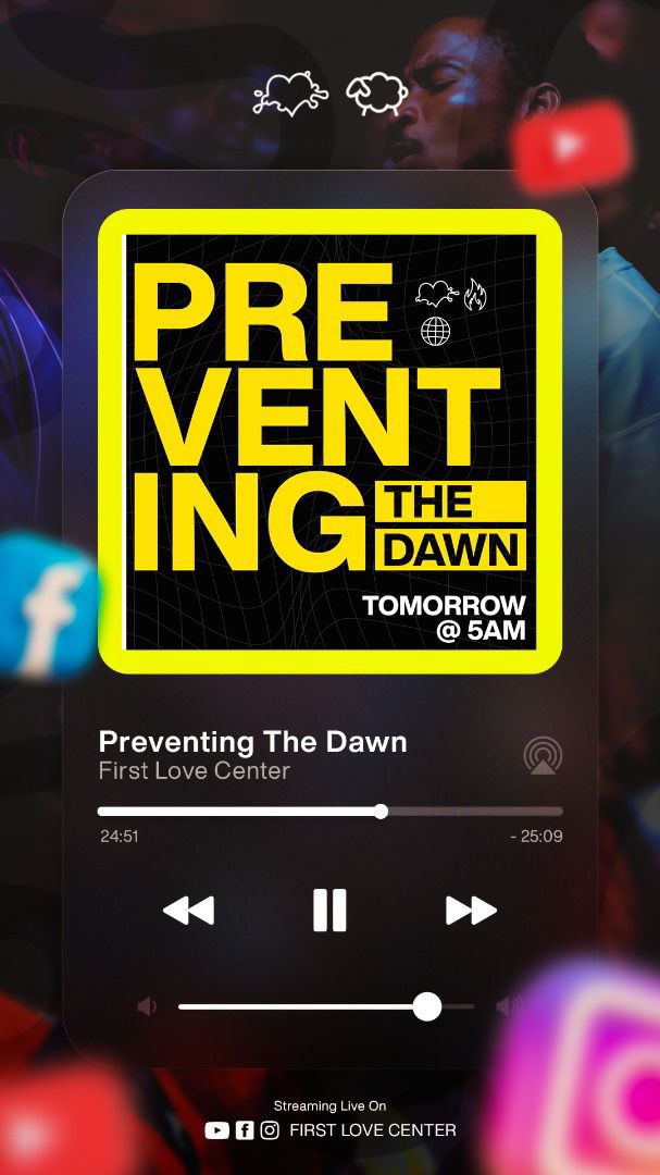 FirstLoveCenter's tweet image. We love our time in the presence of God during 'Preventing the Dawn'.

Join us online tomorrow on the First Love Center Facebook and YouTube platforms at 5am GMT as we seek the face of God! 

Don’t forget to set your alarms! 

#Preventingthedawn