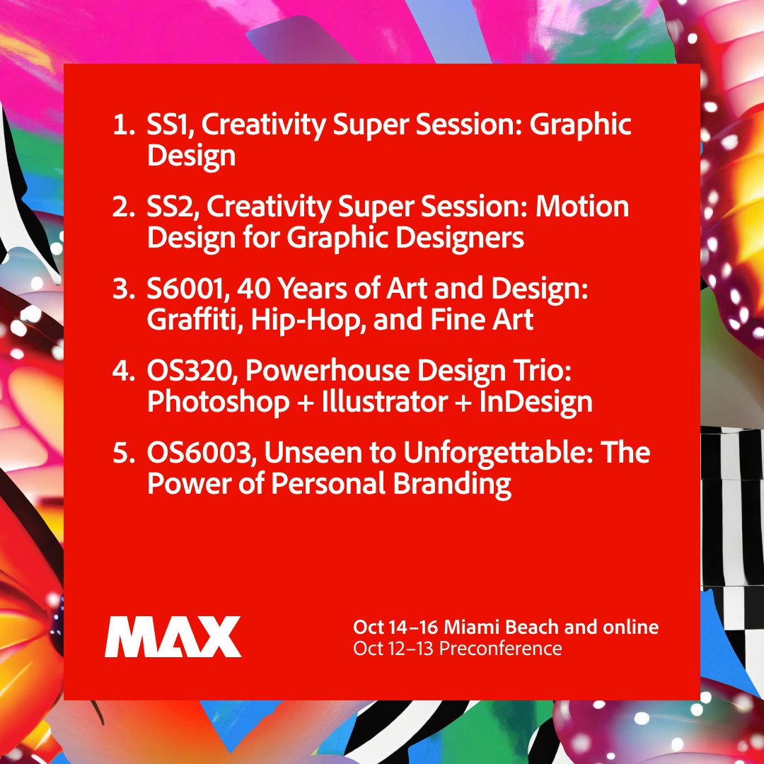 Get ready for MAX 2024! 🚀 Dive into our packed agenda with sessions on graphic design, motion design, graffiti, and more. Save the dates: Oct 14–16. adobe.ly/3TePHtu