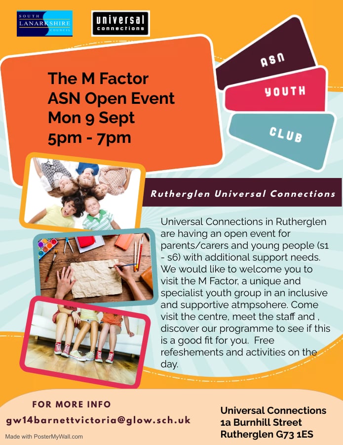 Come join us on Monday to find out about our amazing activities for young people with ASN! Please share. #BecauseofCLD <a href="/CambuslangC/">Cambuslang Universal Connections</a> <a href="/chezy_geo/">Cheryl Burnett</a> <a href="/CambuslangCC/">Cambuslang CC</a> <a href="/RutherglenRef/">Rutherglen Reformer</a> <a href="/RutherglenEx/">Rutherglen Exchange</a> <a href="/GlencairnFC/">Rutherglen Glencairn FC</a> <a href="/Stmarksrutherg2/">St Mark's Rutherglen</a> <a href="/OfficialCamGlen/">CamGlen Radio 107.9FM</a>