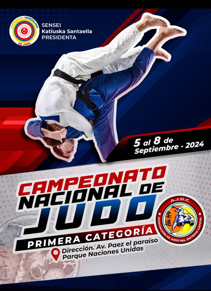 Campeonato Nacional de Judo  1ra categoría 2024 !!!.
El CNJ en el Parque Naciones Unidas de la ciudad capital está lista para recibir a más de 220 judokas  del país, los días: 06, 07 y 08 de Septiembre 2024.
Te esperamos para que disfrutes del talento nacional del judo 🥋.
