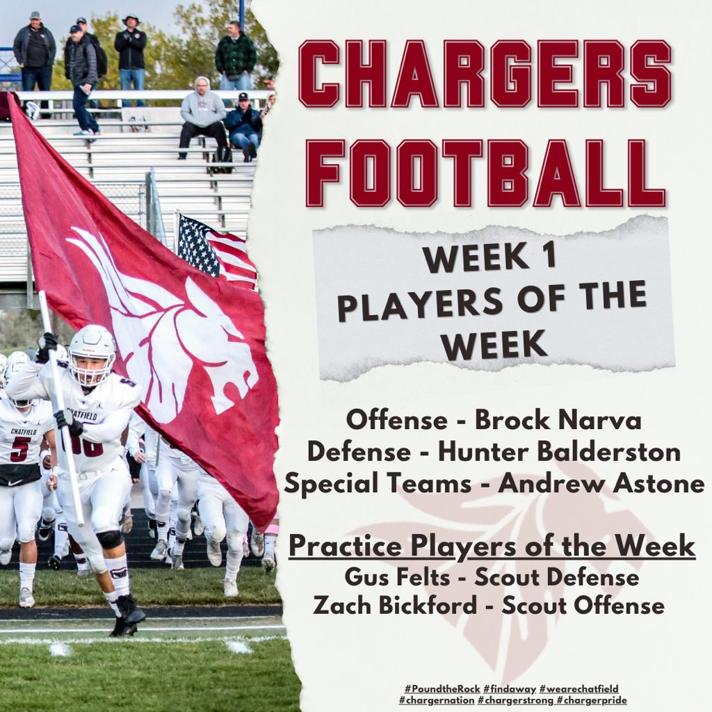Players of the Week:

PofG Brock Narva

Off player - Brock Narva
Def player - Hunter Balderston
Special Teams - Andrew Astone

Practice Players
Gus Felts - DEF
Zach Bickford - OFF

#PoundTheRock🪨🔨 #findaway #wearechatfield #chargernation #chargerstrong #chargerpride🏈🐎