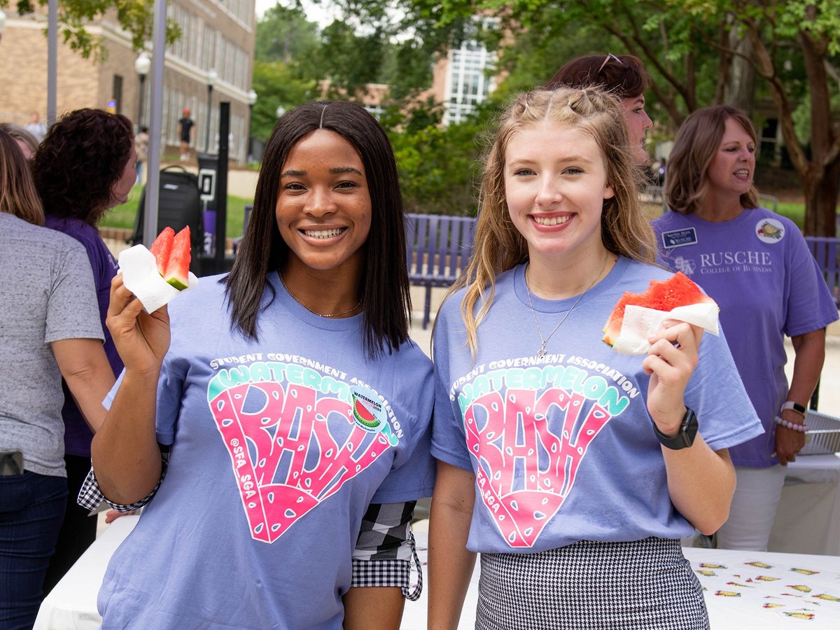 SFASU's tweet photo. Join us for SFA's longest-standing tradition, the Watermelon Bash! Enjoy the "sweet" life as a Lumberjack at 4 p.m. Wednesday, Sept. 4, at Surfin' Steve. 🍉🎉 https://t.co/w7q8JnMWXH