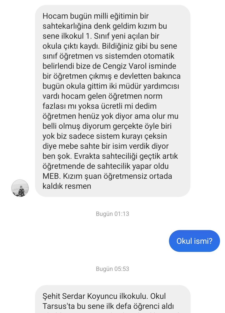 Milli Eğitim Bakanlığı uygulamaları ile her gün yeni bir şey görüyor şaşkına dönüyoruz
HÜLLE ÖĞRETMEN
Okulda ilgili sınıfın öğretmeni yok,
MEB sistemine, uydurma öğretmen ismi giriliyor.
Veli öğrencisinin öğretmenini okula gidip soruyor ve  böyle bir öğretmen yok
Biz de teyit