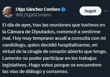 🗳️📌 OLGA SÁNCHEZ AUSENTE EN VOTACIÓN DE LA REFORMA JUDICIAL POR MOTIVOS DE SALUD

Olga Sánchez Cordero, diputada de Morena, no estará presente en la sesión para votar la Reforma Judicial. 

Informa en sus redes sociales que ayer, tras las reuniones en la Cámara de Diputados,
