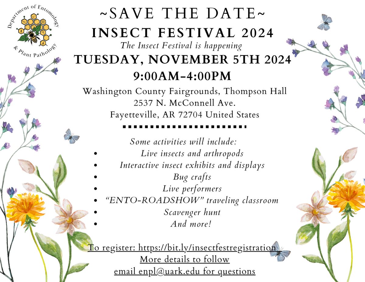 Arkansas Entomology and Plant Pathology (@arkansasepp) on Twitter photo The 2024 Insect Festival will be held Tuesday, Nov. 5th from 9am-4pm at the Washington County Fairgrounds. Save the date and updates will be posted so keep your eyes peeled! <a href="/bumperscollege/">Bumpers College</a> <a href="/AR_Extension/">Arkansas Cooperative Extension Service</a> If you would like to attend, register here: bit.ly/insectfestregi… The 2024 Insect Festival will be held Tuesday, Nov. 5th from 9am-4pm at the Washington County Fairgrounds. Save the date and updates will be posted so keep your eyes peeled! <a href="/bumperscollege/">Bumpers College</a> <a href="/AR_Extension/">Arkansas Cooperative Extension Service</a> If you would like to attend, register here: bit.ly/insectfestregi…