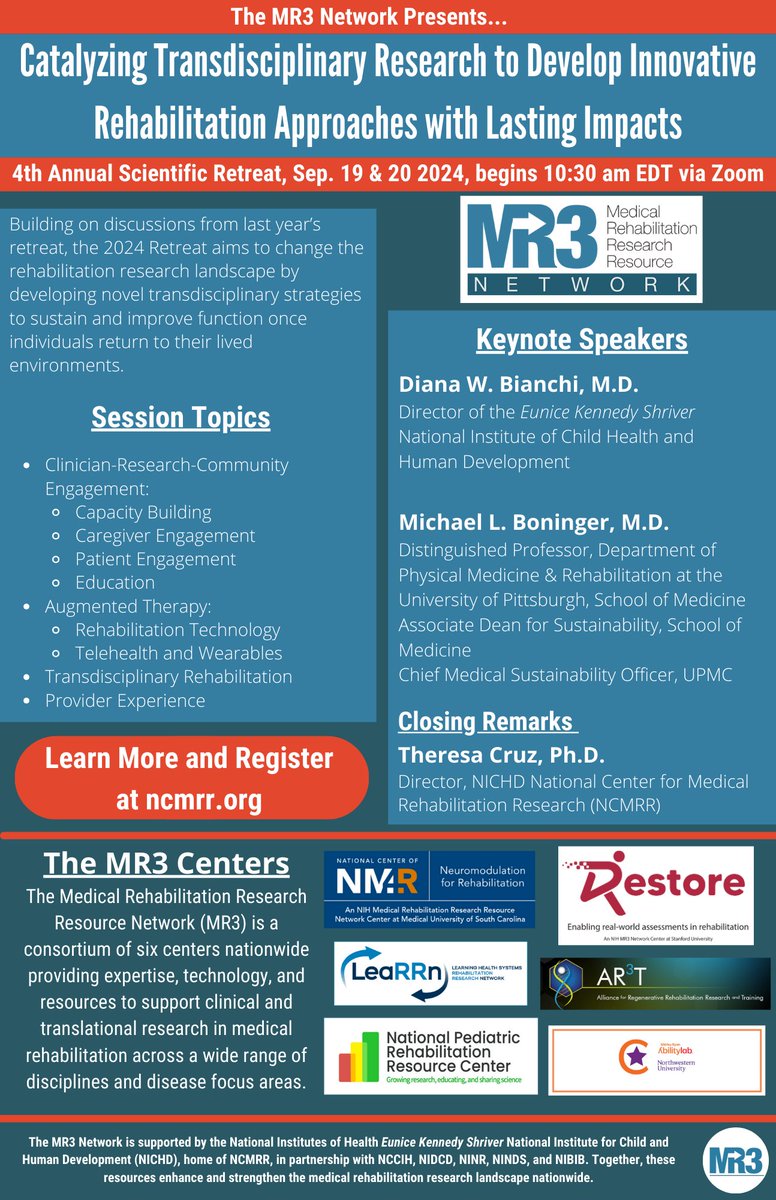 Register now for the MR3N's 4th Scientific Retreat:
"Catalyzing Transdisciplinary Research to Develop Innovative Rehabilitation Approaches with Lasting Impacts"

This virtual event is free to attend on September 19-20 

Learn more at ncmrr.org/education-trai…

#MR3 #Rehab #Research