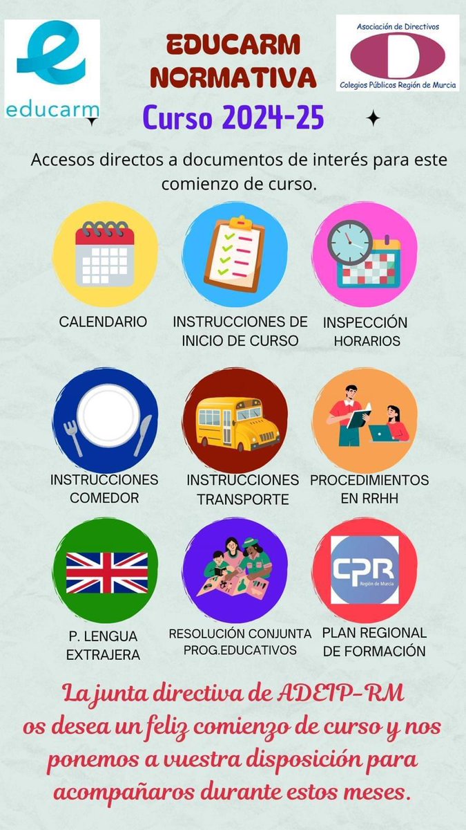 Feliz curso 24-25 Educarm #programaseducativos #directivosceipcarm
<a href="/Educarm/">Educarm</a> <a href="/VictorMarinNav/">Víctor Marín Navarro</a>
