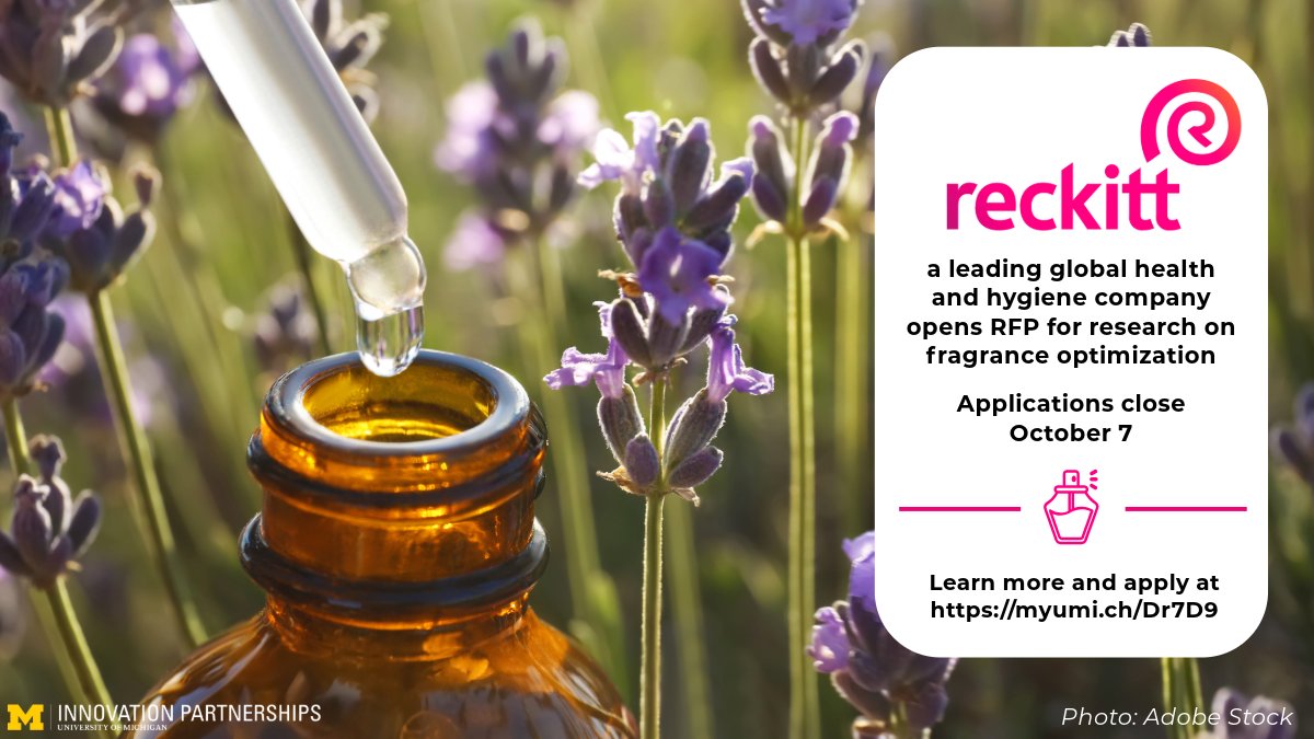 💡<a href="/ThisIsReckitt/">Reckitt</a> is seeking proposals for innovative research on optimizing fragrance delivery and design for sustained noticeability. <a href="/UMich/">University of Michigan</a> faculty are encouraged to apply!

Proposals are due by October 7.

Submit your proposal at myumi.ch/Dr7D9