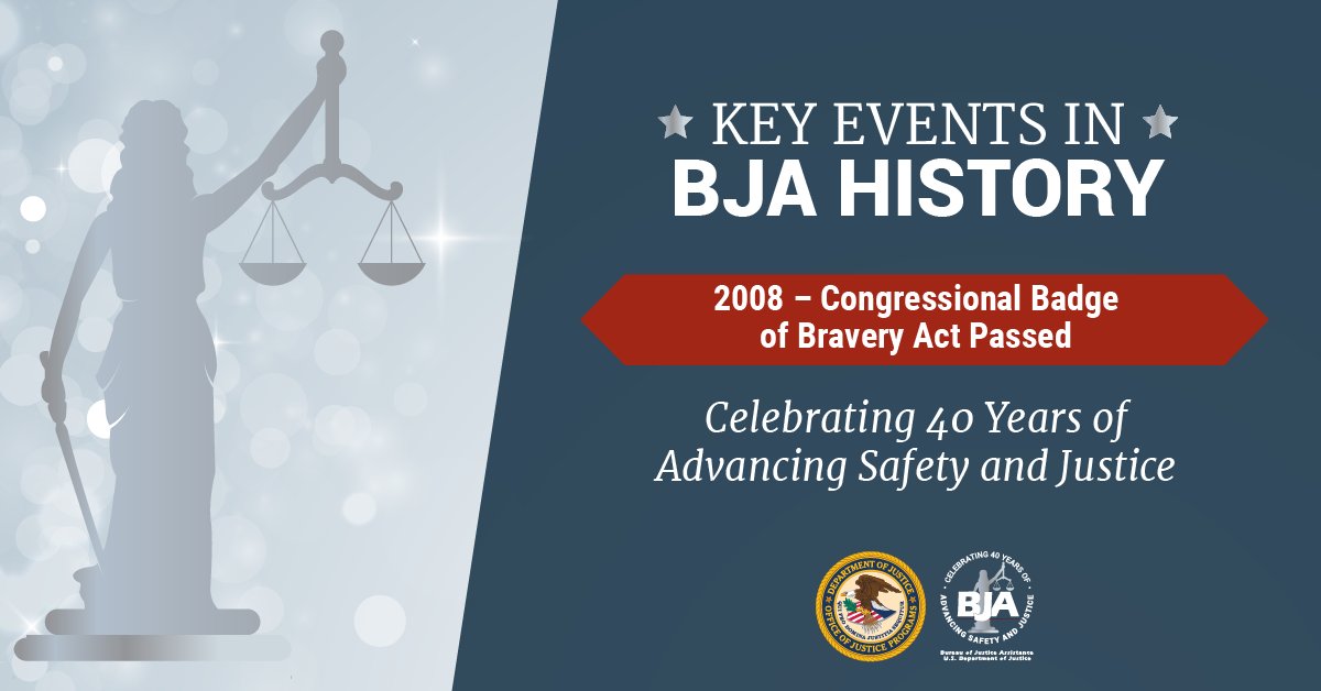 DOJBJA's tweet image. 🚓 In 2008, Congress passed the Law Enforcement Congressional Badge of Bravery Act. The first Congressional Badge of Bravery was awarded to officers in 2011 &amp;amp; honored their extraordinary acts of bravery in the line of duty. 
 
Learn more about #BJA40: bja.ojp.gov/celebrating-40…