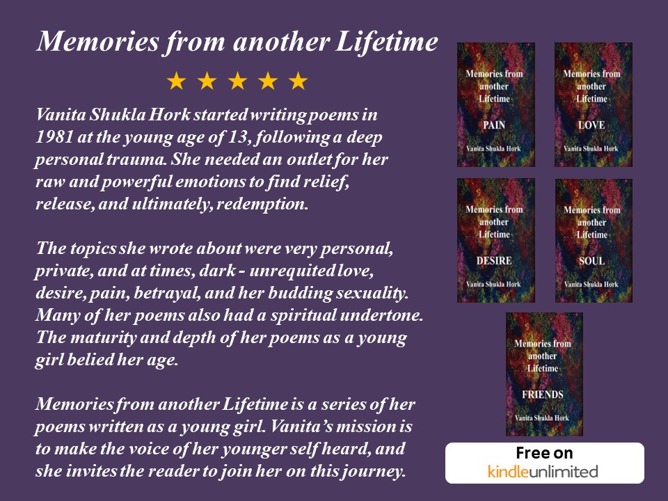 VanitaHork's tweet image. I started writing #poetry in 1981 at age 13 and began publishing my #poems 40 years later.
Memories from another Lifetime is a collection of these poems. My mission is to make the voice of my younger self heard ❤️
#pain #love #desire #soul #friends #KU
amazon.com/stores/Vanita-…