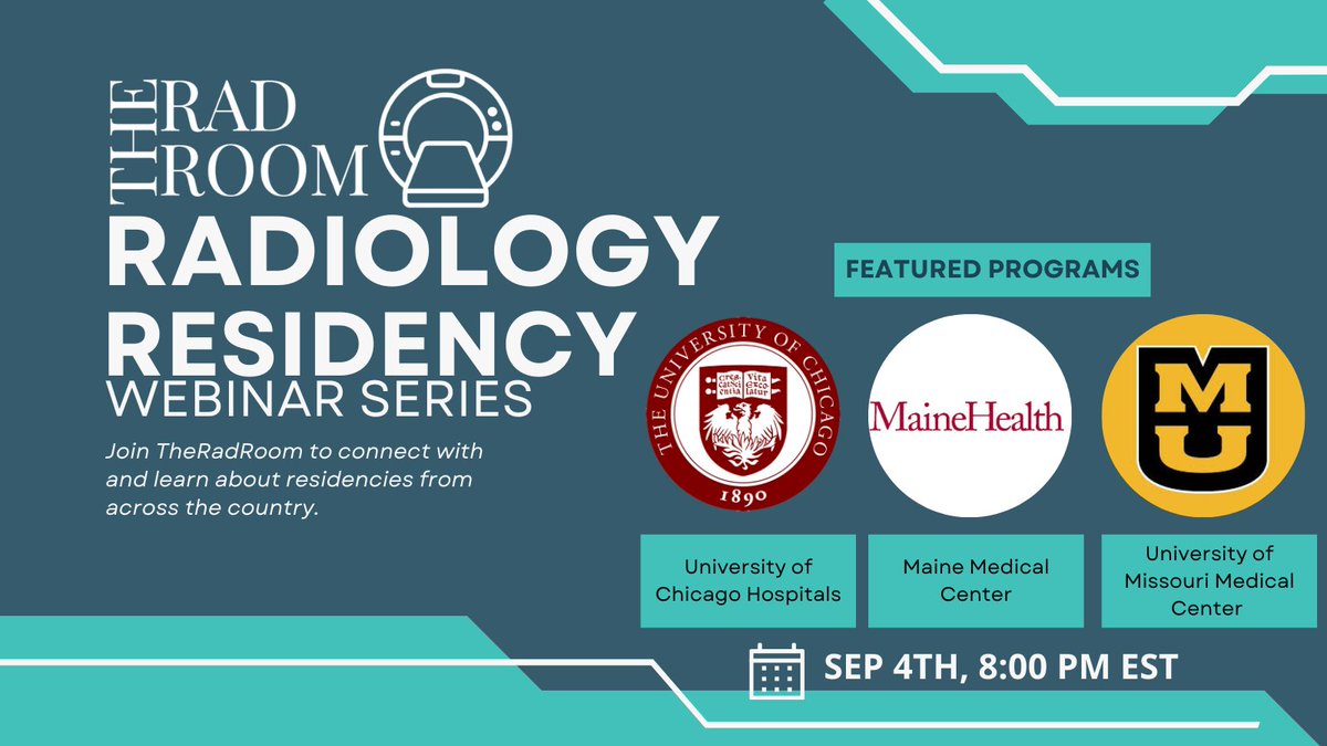 The fifth #Match2025 Radiology Residency Series will be tomorrow at 8 PM EST, featuring Maine Medical Center <a href="/MaineMed/">MaineHealth Maine Medical Center</a>, University of Chicago <a href="/UChicagoRADS/">UChicago Radiology</a>, and University of Missouri <a href="/MizzouRadRes/">MizzouRadRes</a>

Register here if you haven't:
forms.gle/7ErXuBqwHRhNcu…