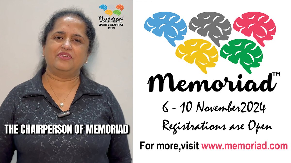ANNOUNCEMENT!

REGISTRATIONS ARE OPEN FOR MEMORIAD WORLD MENTAL SPORTS OLYMPICS 2024

For more information, please visit memoriad.com