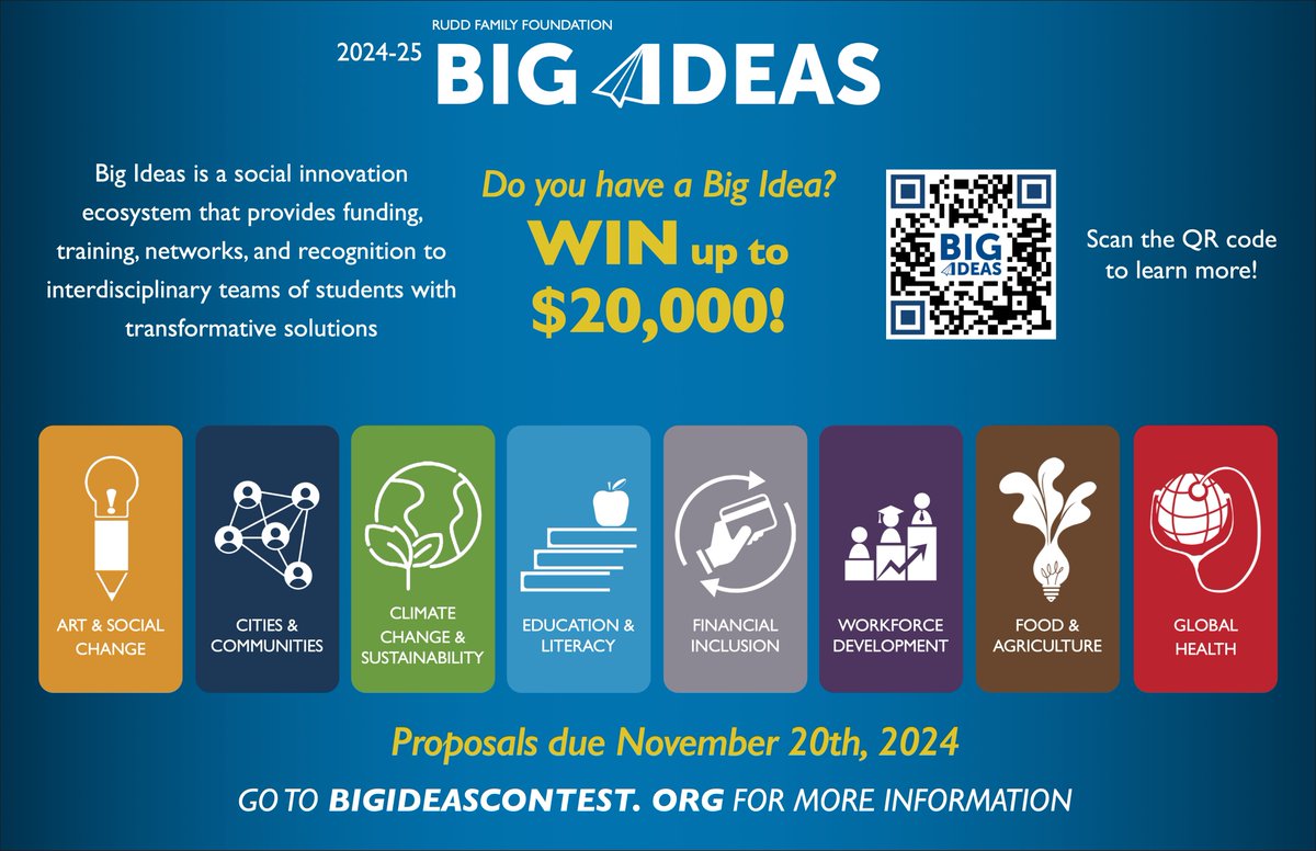 Big Ideas Contest (@bigideascontest) on Twitter photo The 2024-25 Big Ideas Contest <a href="/UCBerkeley/">UC Berkeley</a>
is now open! Get support, mentorship, and up to $20K for your innovative ideas. Apply by November 20th, 2024, learn more at bigideascontest.org The 2024-25 Big Ideas Contest <a href="/UCBerkeley/">UC Berkeley</a>
is now open! Get support, mentorship, and up to $20K for your innovative ideas. Apply by November 20th, 2024, learn more at bigideascontest.org