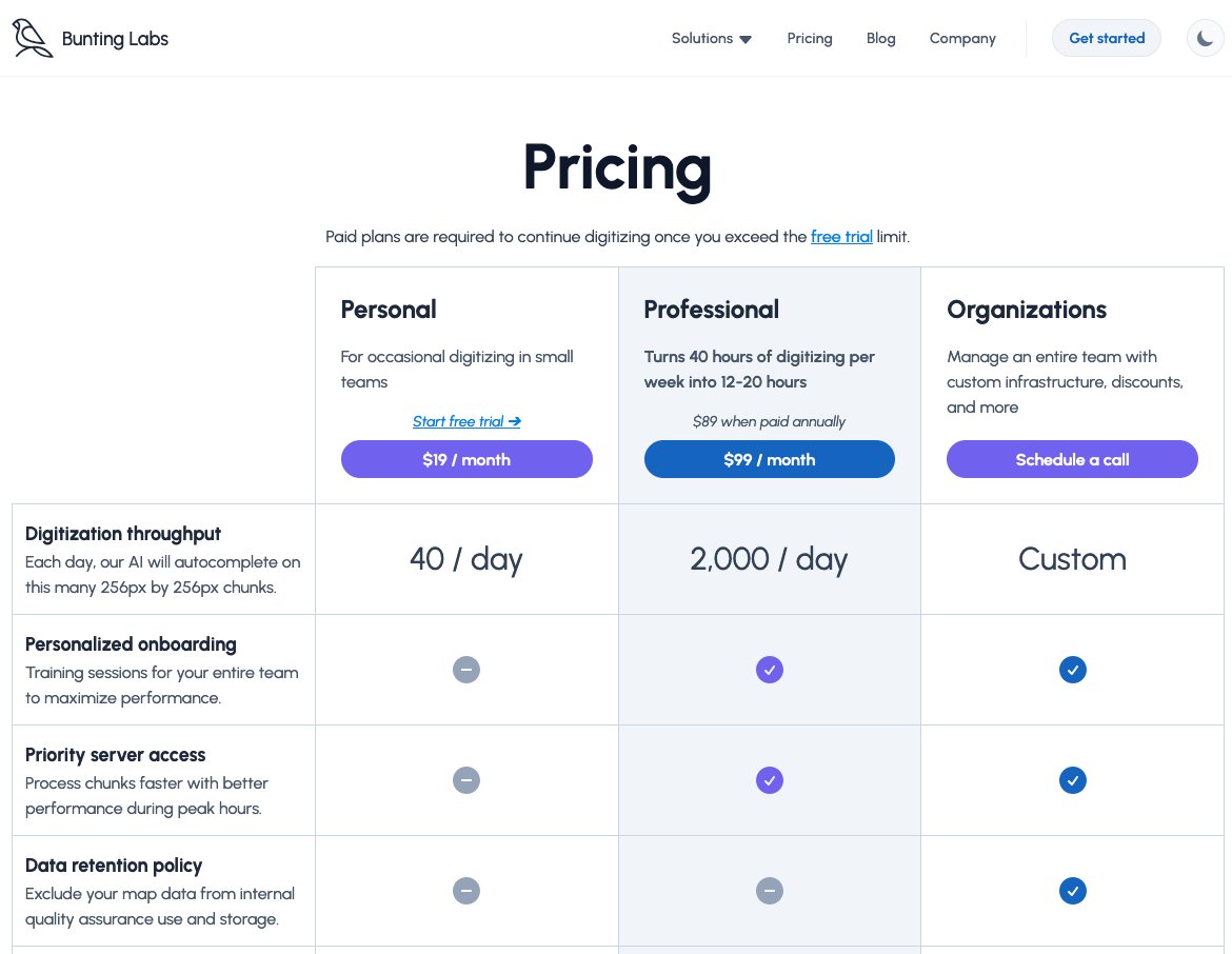 BuntingLabs's tweet image. We&apos;ve created a less expensive Personal tier of 40 chunks per day at $19/month for people who only do occasional digitizing! 

This is equivalent to about 30 minutes of manual digitization per day. If you have any questions, send us a DM