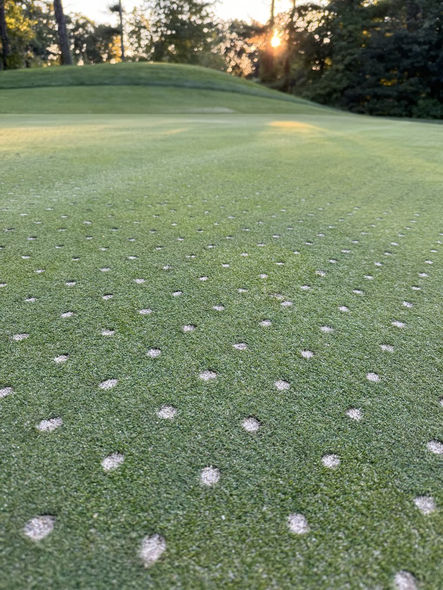 Another day of sunrise to sunset workflow. Remaining greens 5/8” cored and all 19 greens worth of plug piles shoveled and blown. All top dressing is down. Thanks guys! Rest up. More to do tomorrow.