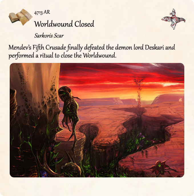 GolarionToday's tweet photo. 4713 AR: Worldwound Closed
#Deskari #Worldwound #Sarkoris #4713AR
https://t.co/kKsmGVvnIP
Mendev’s Fifth Crusade finally defeated the demon lord Deskari and performed a ritual to close the Worldwound. https://t.co/jg6I3NKSHO