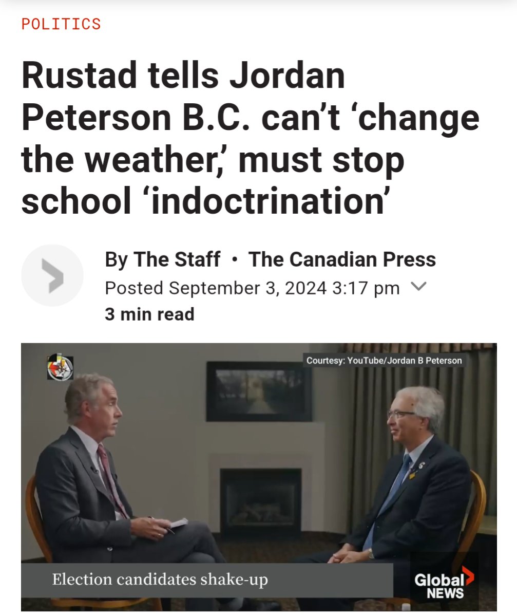 guyfelicella's tweet photo. I can’t stop thinking about some of the things @JohnRustad4BC told RW extremist Jordan Peterson in their podcast interview. When discussing the education system, Rustad said BC high school graduates are not prepared for university. “Some of them can’t even write their own name,” he said.
SURE JOHN, BC’s HIGH SCHOOL GRADS CAN’T WRITE THEIR OWN NAMES🙄
As premier he said he’ll order a full review of teaching materials in an effort to make it all “neutral,” so it won’t “indoctrinate” future B.C. students into environmentalism.
“For example, there’s I think, a book in, I think it’s Grade 4 math, I think it’s called Math That Matters. The math is correct … 2+2=4 … but the language being used is all about environmentalism.”
Ok, I guess? So go back to math problems about when different trains leave the station. Or maybe he’ll demand math problems that calculate the max capacity of multiple gas pipelines.
BUT WHAT WILL YOU DO WITH THE SCIENCE CURRICULUM JOHN?
Is he also going to remove all mentions of greenhouses gases and climate change from K-12 science textbooks? How is that going to prep our students for post-secondary and beyond, in a world where climate change IS real and a man-made problem that the rest of the world is working on?
Link 🔗 https://t.co/5Y7AphmEVM
#climatechange #embarrassing #bcpoli
