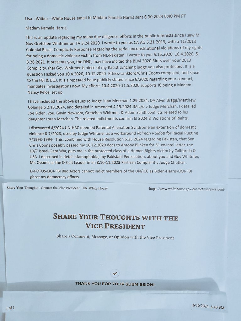 LisaJWilbur's tweet photo. @HawleyMO @JesseBWatters @FoxNews @HawleyMO @RepClayHiggins 
Please Investigate if #FailureToProtect #J13 was about a desperation to Coverup #Whitmergate given all my #DueDiligence efforts s/p 3.24.2020 #Whitmer ID with #KamalaHarris Activity per her 2013 CA AG Inaction. https://t.co/F5X5yBsl2P
