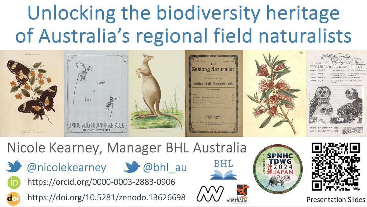 I'm excited to be speaking at #TDWG2024 #SPNHC2024 tomorrow (Thur) about the biodiversity knowledge &amp; data gathered by Australia's field naturalists (1800s-today) now accessible &amp; discoverable on <a href="/BioDivLibrary/">BHL</a> : 12pm Room B1 (&amp; virtually). Thx <a href="/PRO_Vic/">PRO Victoria</a> for funding this work.