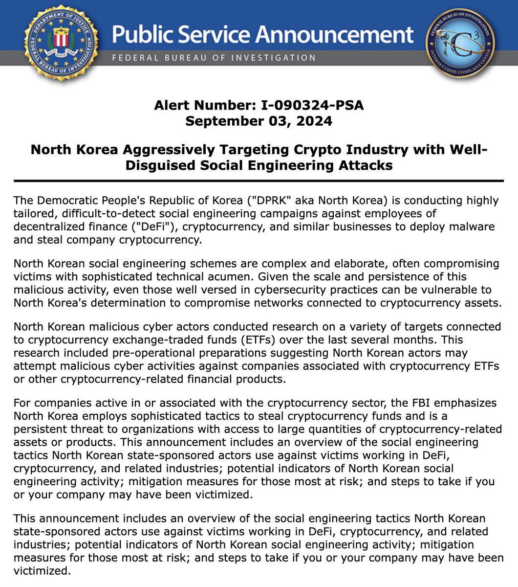 JUST IN: 🇺🇸 FBI warns that North Korean hackers are attempting to steal # Bitcoin and crypto funds from the ETFs 👀