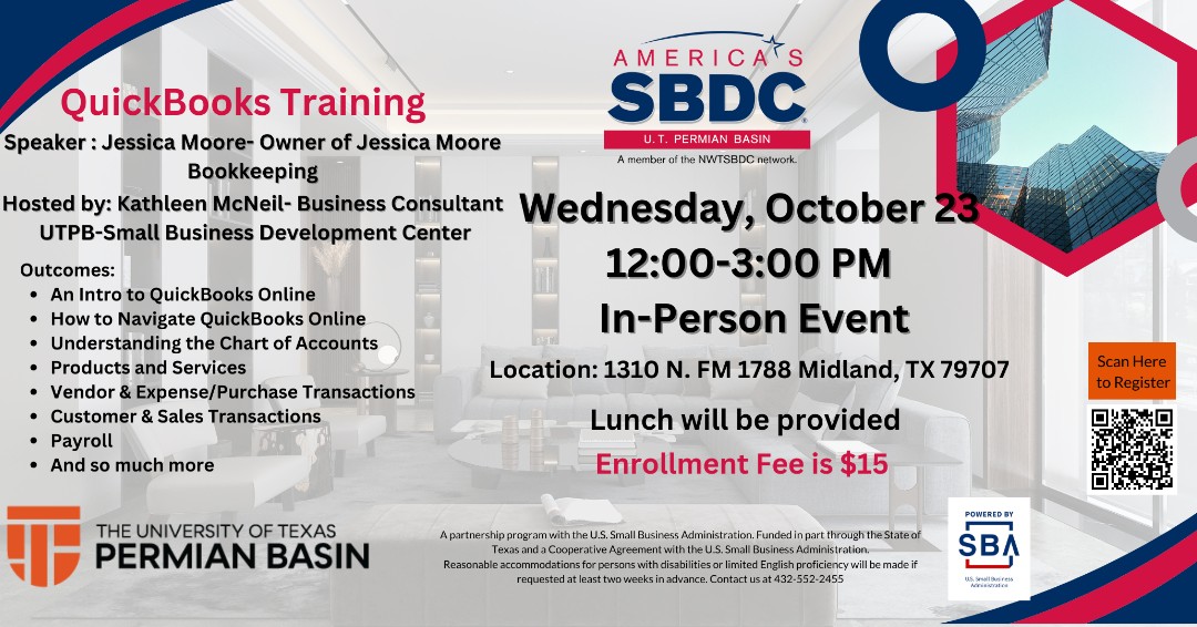 Join us for an intro to QuickBooks training event and learn how to manage your small business finances.
When: Wed, Oct 23, from Noon-3 PM
Where: Midland Campus, CEED Bldg
Sign up here: nwtsbdc.ecenterdirect.com/events/16475
Enrollment fee is $15 and includes lunch.