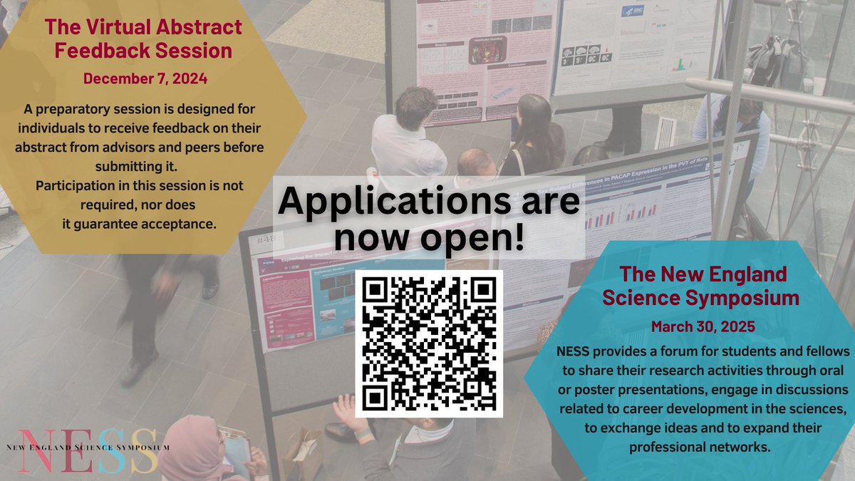 The applications are now open! We can't wait to see your abstract submissions! Please navigate to NewEnglandScienceSymposium.org to learn more and apply or us the QR code below to navigate to the applications.  Apply today! #NESS #NESS2025 #HMS #DICP #BSCP #STEM