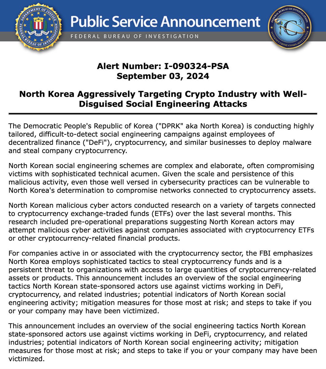 🚨🚨🚨

عاجل: ال FBI (مكتب التحقيقات الفيدرالي الأمريكي) يُحذر أي شخص في مجال العملات الرقمية بأنه مستهدف من قبل جهات كورية شمالية محترفة تعمل وفق طرق هندسية اجتماعية متطورة ومقنعة للسيطرة على أموالك في العملات الرقمية وسرقتها!

كمان أشار مكتب التحقيقات الفيدرالي في بيانه أيضاً