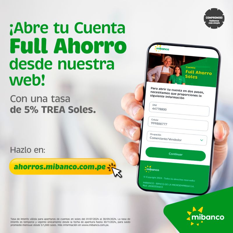 En <a href="/MibancoPE/">Mibanco</a> sabemos que ahorrar es clave, por eso lanzamos una nueva web para que quienes no son clientes del banco puedan abrir su Cuenta Full Ahorro de manera virtual y segura. ¡Seguimos comprometidos con facilitar el acceso financiero de más peruanos! ahorros.mibanco.com.pe