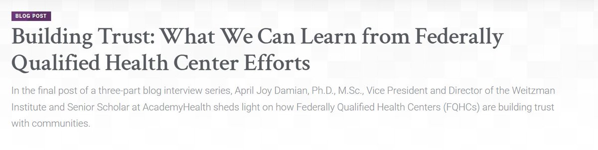 AcademyHealth (@academyhealth) on Twitter photo NEW blog "Building Trust: What We Can Learn from Federally Qualified Health Center Efforts" features in interview with <a href="/apriljoydamian/">April Joy Damian</a> of <a href="/WeitzmanInst/">Weitzman Institute</a>: academyhealth.org/blog/2024-09/b… NEW blog "Building Trust: What We Can Learn from Federally Qualified Health Center Efforts" features in interview with <a href="/apriljoydamian/">April Joy Damian</a> of <a href="/WeitzmanInst/">Weitzman Institute</a>: academyhealth.org/blog/2024-09/b…