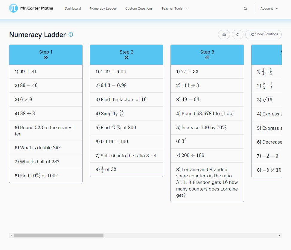 Here's the first few steps on our Numeracy Ladder, goes all the way up to step 10 covering all the numeracy skills required for Secondary Mathematics.

Great for weekly low stakes quizzes.

All this and much more for £4 per month at mrcartermaths.com . Free trial available!
