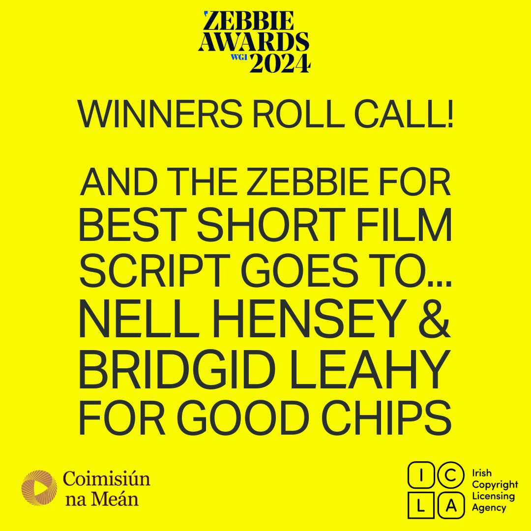 WritersGuildIRL's tweet photo. Congratulations to Nelle Hensey &amp; @brigidleahy - winners of #ZebbieAward24 for Best Short Film Script for #GoodChips 🌟 https://t.co/4RVphEGrYf