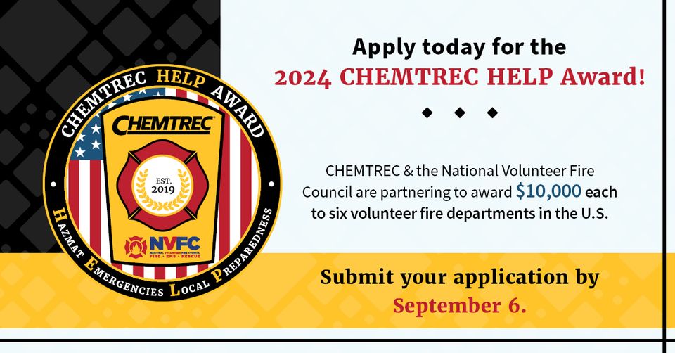 LAST CALL! The application period for the <a href="/chemtrec/">CHEMTREC®</a> HELP Award ends September 6. Apply now for a chance to receive $10,000 to enhance your department’s hazmat response capabilities! chemtrec.com/awards/help-aw…