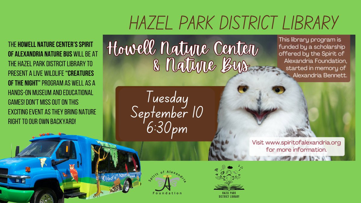 Howell Nature Center provides wildlife rehabilitation and conservation education. Their Nature Bus program, involves hands-on activities, instructional conservation education and live animals.  Come see the live animals and the Nature Bus on September 10 at 6:30pm.