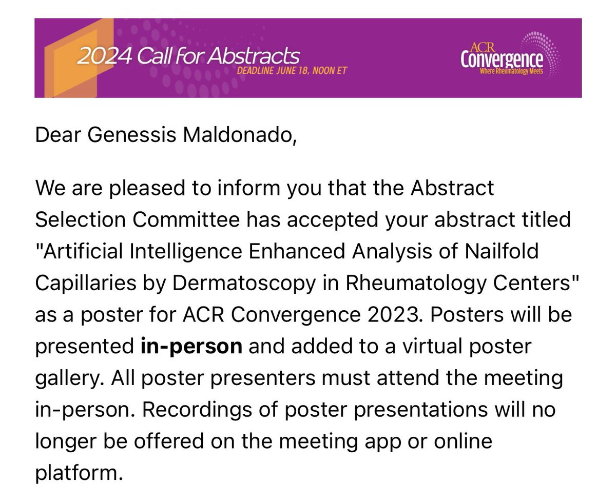gmaldonadovelez's tweet image. #ACR24 Here we go! ✨
Excited to share our work on #AI and application to microvascular evaluation
Con el mejor equipo de @CapillaryIo 🔬
#RheumX