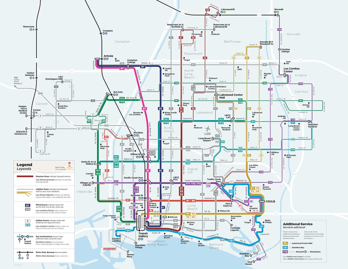 New Long Beach Transit system map designed by CHK!
• Schematic for more legible, easier to read lines and labels
• Thick lines for frequent service
• Color coding to quickly identify a route’s trunk/main street
• Key destinations featured
• Unified LBT and Carson bus maps