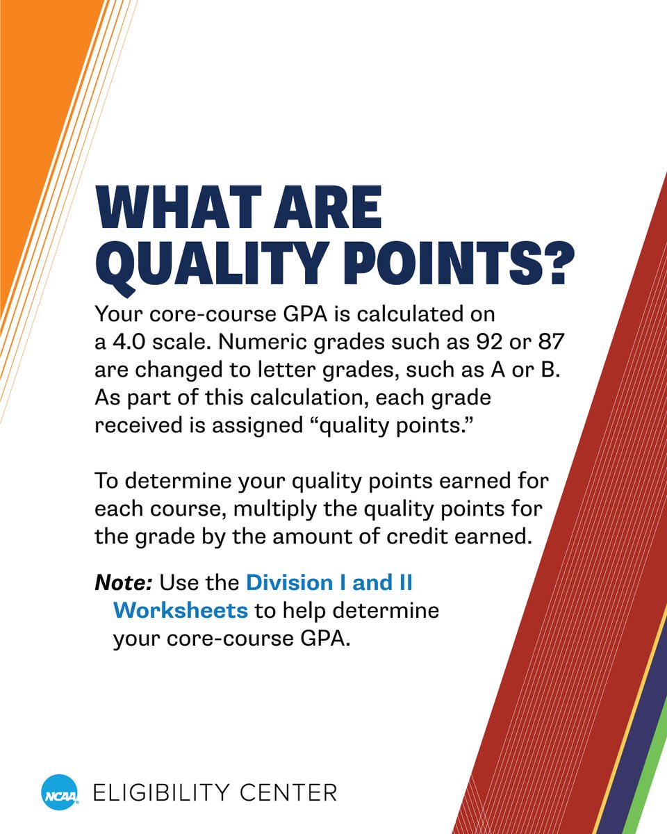 To determine your quality points earned for each course, multiply the quality points for the grade by the amount of credit earned.

🔗 on.ncaa.com/gpa