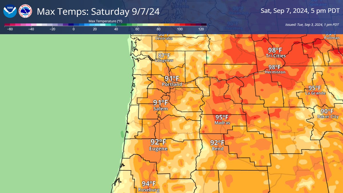 Expect some hotter conditions this week! The rest of today remains cooler, but from tomorrow onwards expect temperatures into the 90s, with 40-50% chance of breaking 100 degrees in the Willamette Valley on Thursday and Friday ! Hot conditions continue until Sunday.🌞
#ORwx #WAwx
