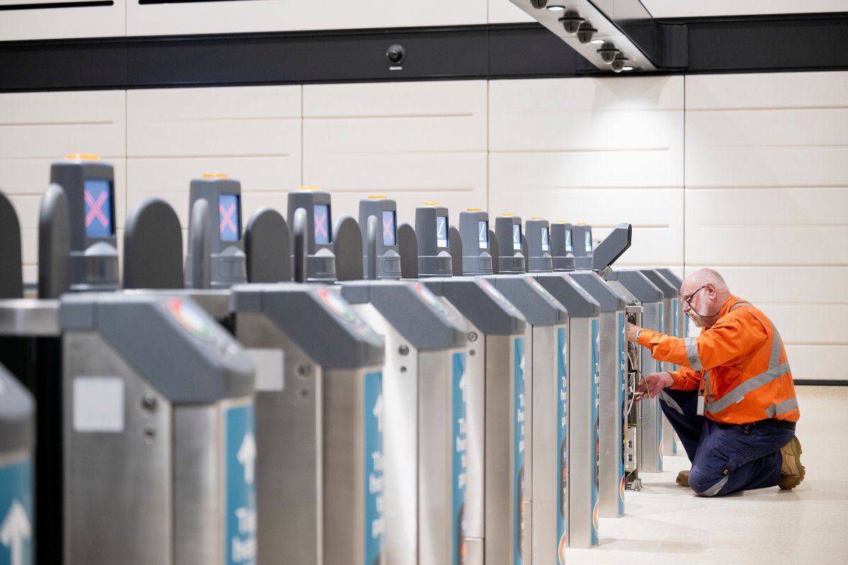 CubicTS's tweet photo. Peek #BTS - The around-the-clock work of our field technicians to ensure that every fare gate was ready to roll for the grand opening of the new state-of-the-art #Sydney Metro. #FieldServices #FareGates #SydneyMetro #OPAL #PublicTransport https://t.co/THMyjL3oN2