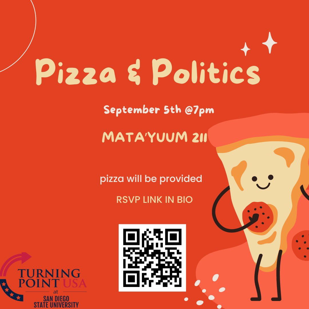 Julia Cartwright (@jcartwrightt13) on Twitter photo Welcome back <a href="/TPUSAatSDSU/">Turning Point USA at SDSU</a> 🍕🇺🇸!!
Join us this Thursday 7 pm for pizza, chapter announcements, and to connect w the other <a href="/tpusastudents/">TPUSA Students</a> on campus!
RSVP here docs.google.com/forms/d/e/1FAI… Welcome back <a href="/TPUSAatSDSU/">Turning Point USA at SDSU</a> 🍕🇺🇸!!
Join us this Thursday 7 pm for pizza, chapter announcements, and to connect w the other <a href="/tpusastudents/">TPUSA Students</a> on campus!
RSVP here docs.google.com/forms/d/e/1FAI…