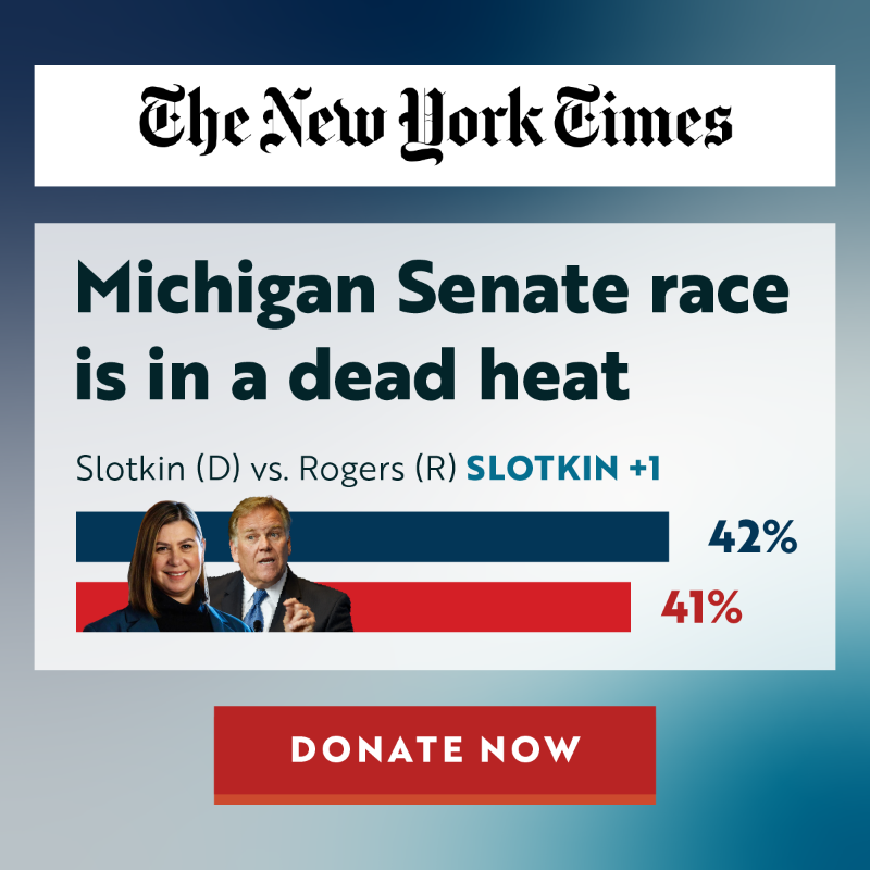 ElissaSlotkin's tweet photo. 🚨New York Times Poll🚨

Elissa Slotkin (D): 42%
Mike Rogers (R): 41%

Can you consider making a $20.24 contribution to my campaign? Because Democrats have a slim majority in the U.S. Senate, we need to hold onto this seat for Democrats to retain control of the body. Chip in now.